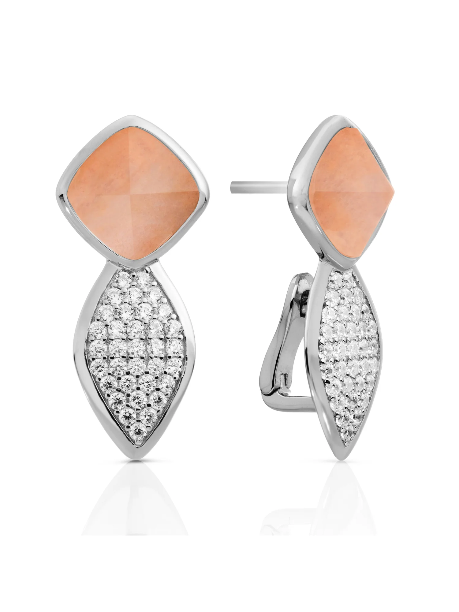 Earrings - Edge Crystal Silver - Double pin - Peach Rhodonite