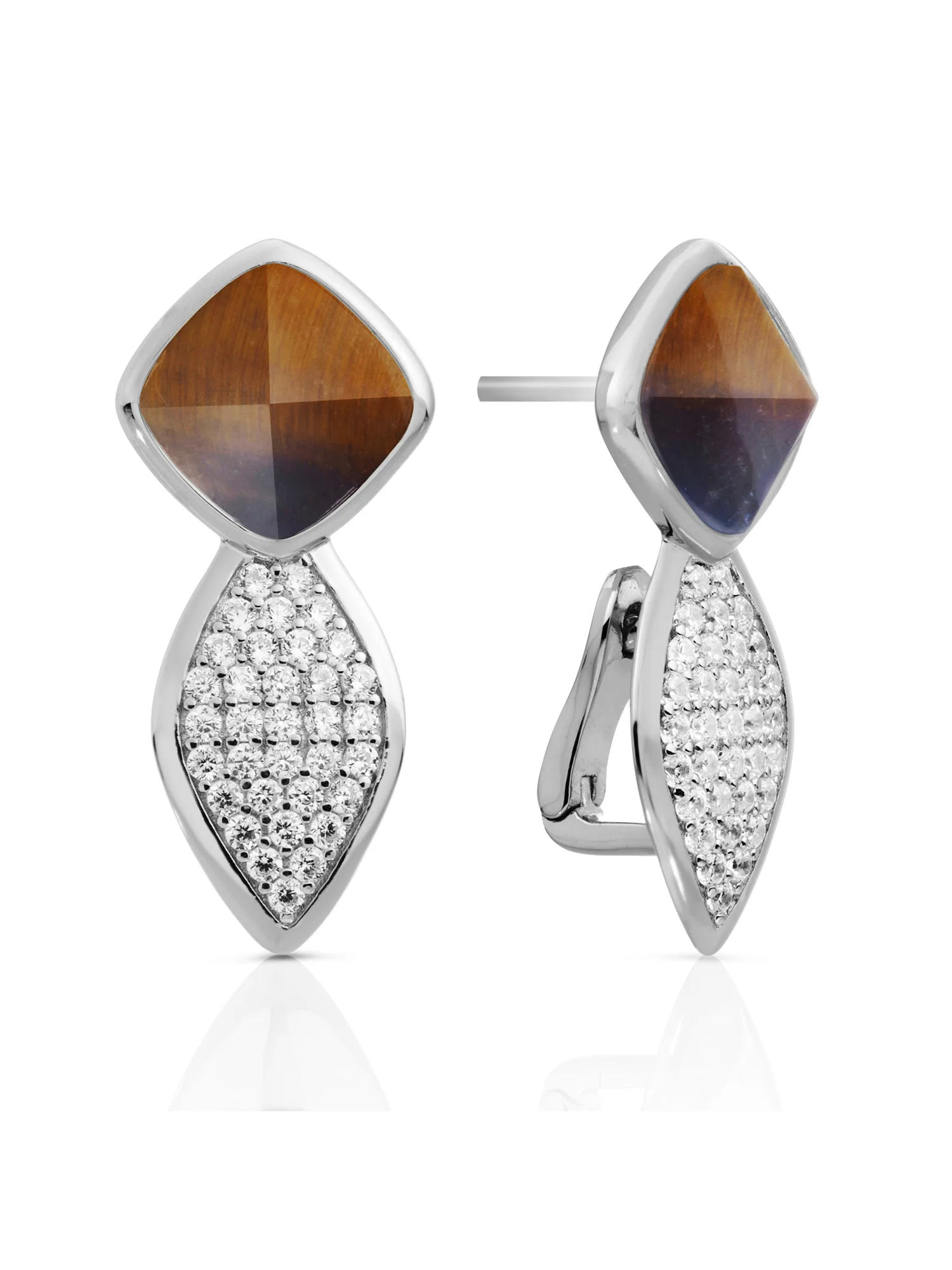 Earrings - Edge Crystal Silver - Double pin - Tiger Eye